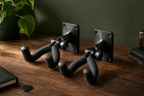 Deux supports muraux noirs pour guitare, avec bras orientables et appuis gainés, posés sur un établi en bois sombre.
