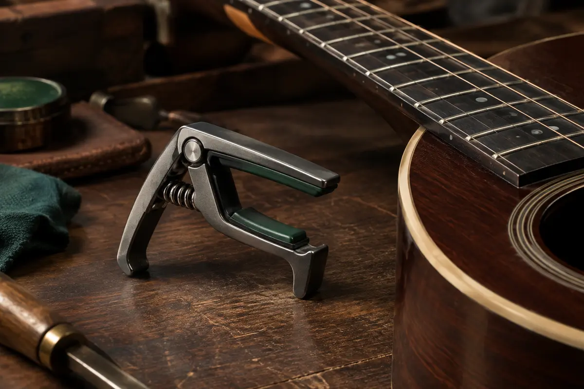 Capodastre à pince gris métallisé foncé posé sur un établi en bois sombre près d’une guitare