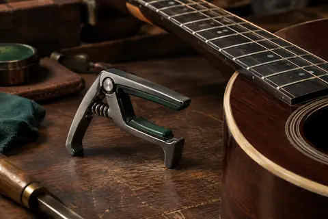 Capodastre à pince gris métallisé foncé posé sur un établi en bois sombre près d’une guitare
