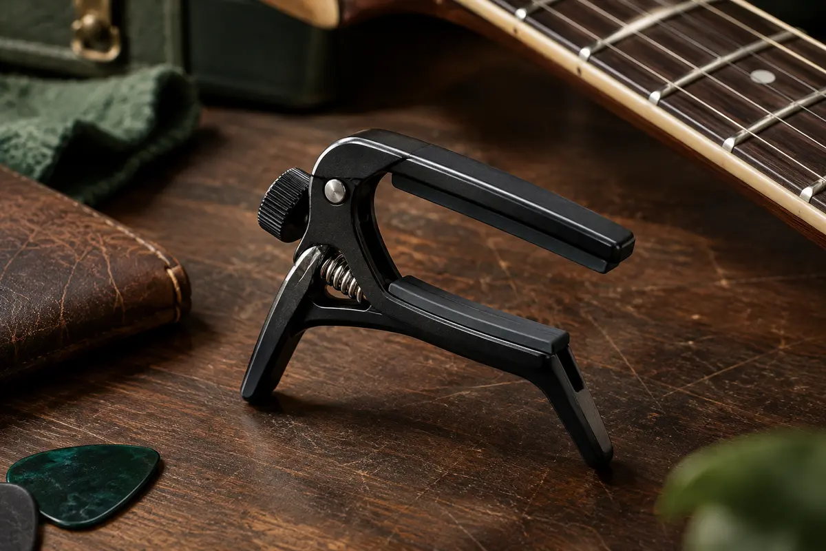 Capodastre WiNGO noir à molette de tension et patins en silicone posé sur un établi en bois sombre