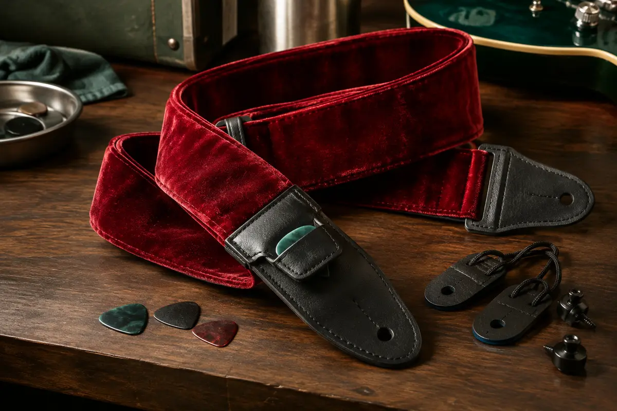 Sangle de guitare rouge en velours avec extrémités noires et poche à médiator, posée sur un établi.