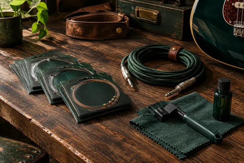 Cordes, câble et outil d’entretien disposés ensemble pour illustrer le choix d’accessoires de guitare.