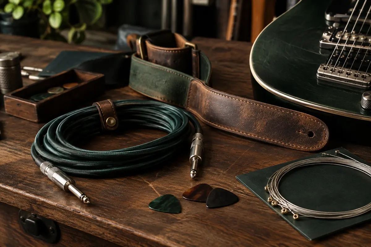 Accessoires de guitare réunis sur un établi, avec cordes, câble, médiator et sangle.